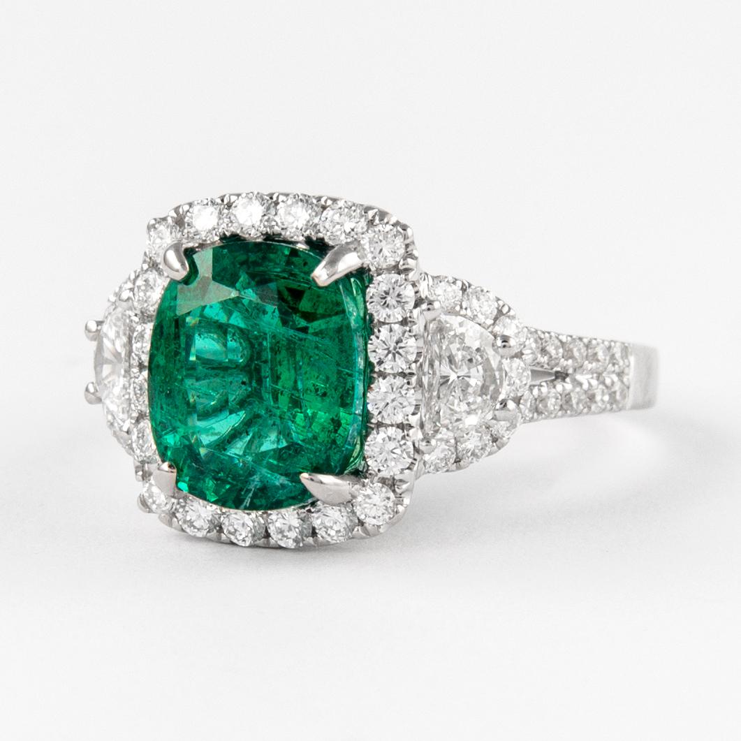 Contemporary 4.97ctt Emerald with Diamond Three Stone Halo Ring 18 Karat Gold