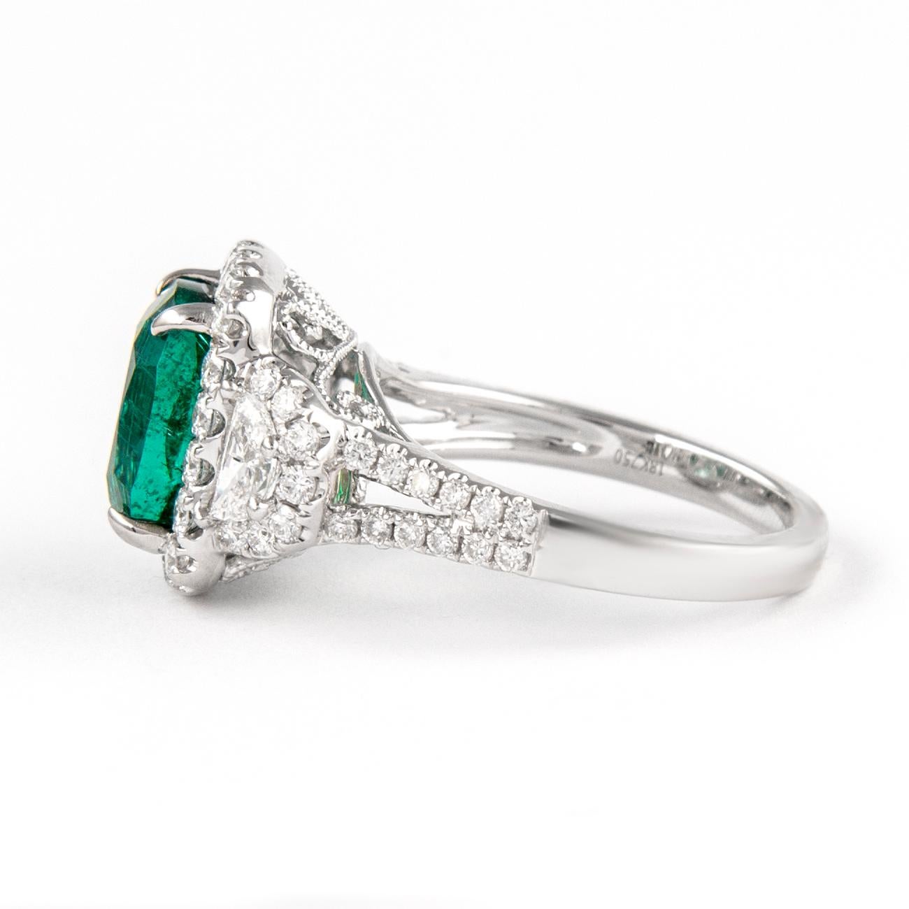 Cushion Cut 4.97ctt Emerald with Diamond Three Stone Halo Ring 18 Karat Gold