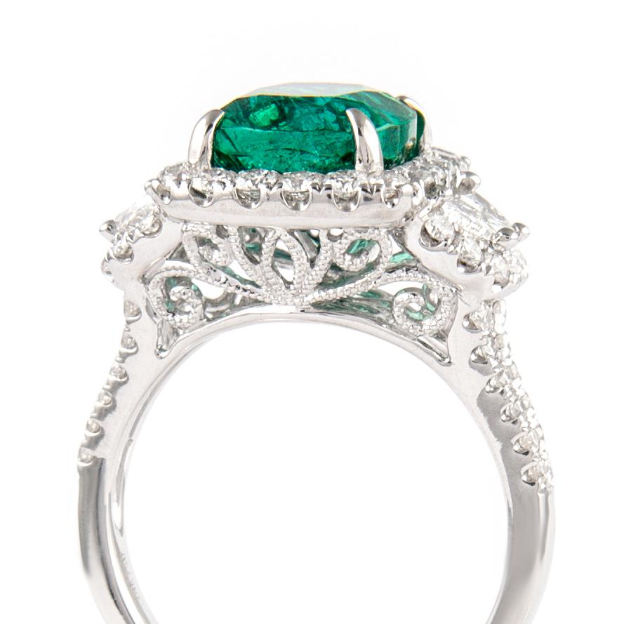 Women's 4.97ctt Emerald with Diamond Three Stone Halo Ring 18 Karat Gold
