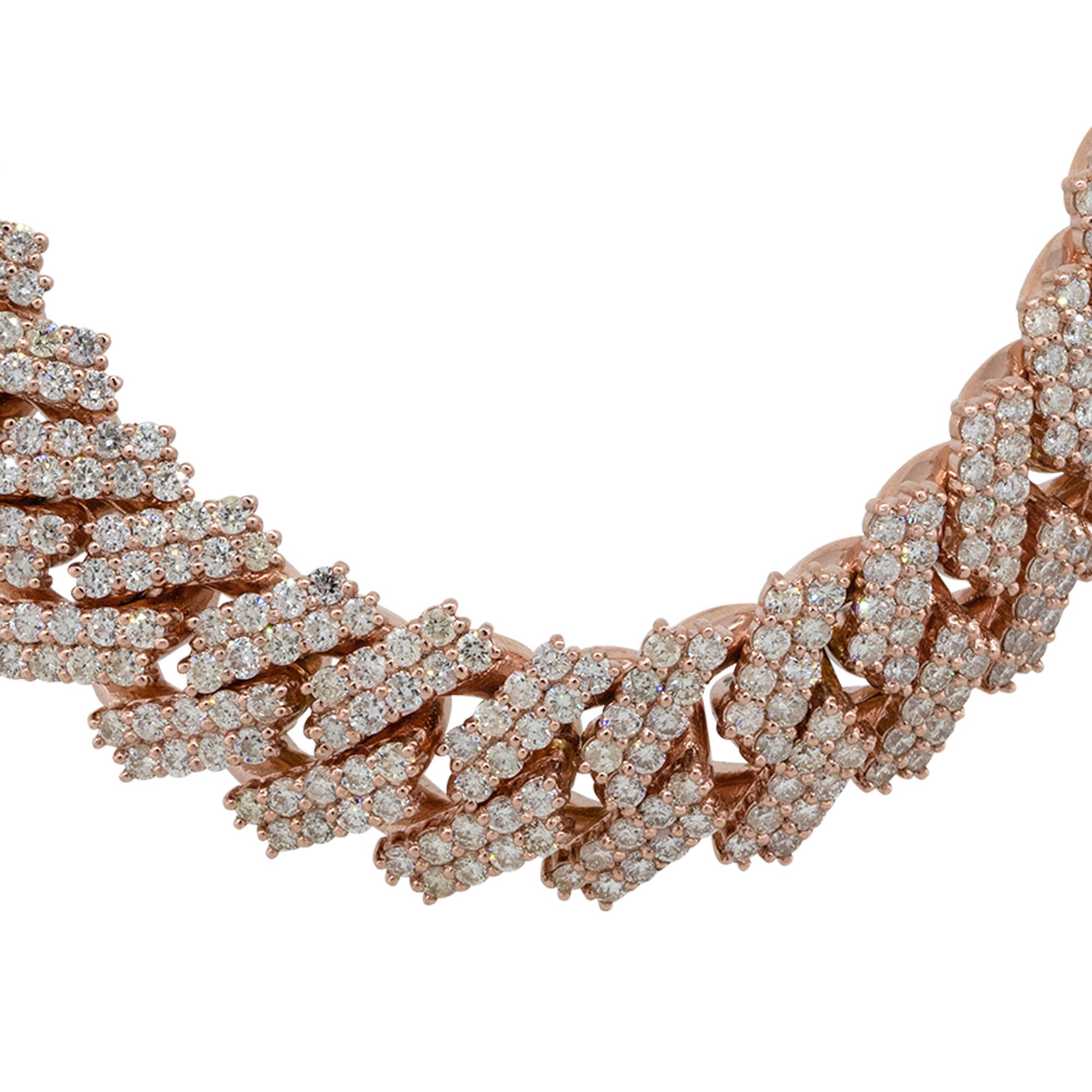 Material: 10k Rose Gold
Diamond Details: Approx. 49.8ctw of round cut Diamonds. Diamonds are G/H in color and VS in clarity
Measurements: Necklace measures 22