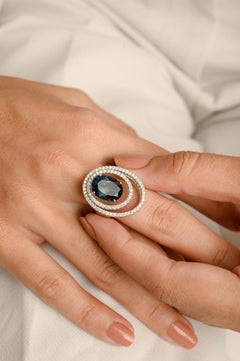 4.98 Carat Blue Topaz and Diamond Halo Ring in 18k Solid White Gold