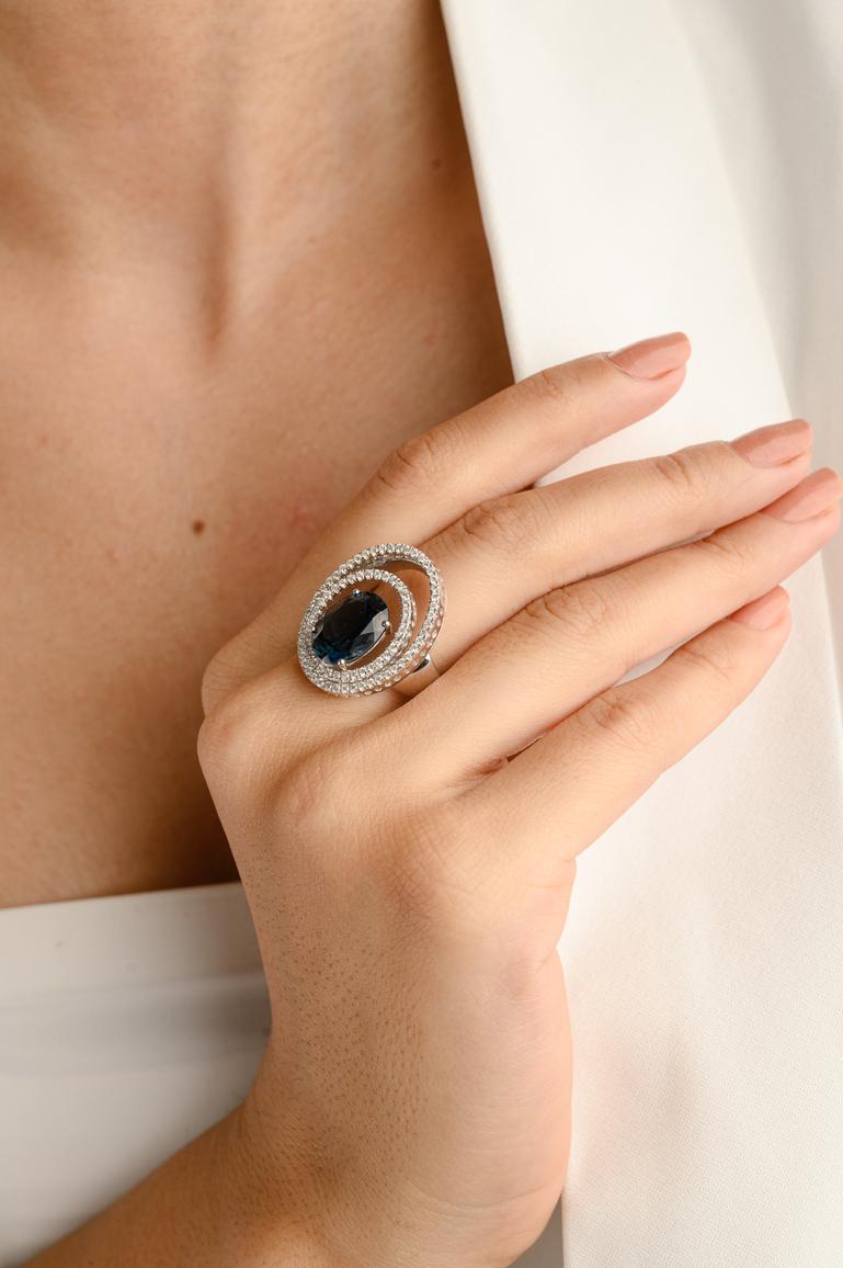 in vendita:  Anello aureola con topazio blu e diamanti da 4,98 carati in oro bianco massiccio 18k 5