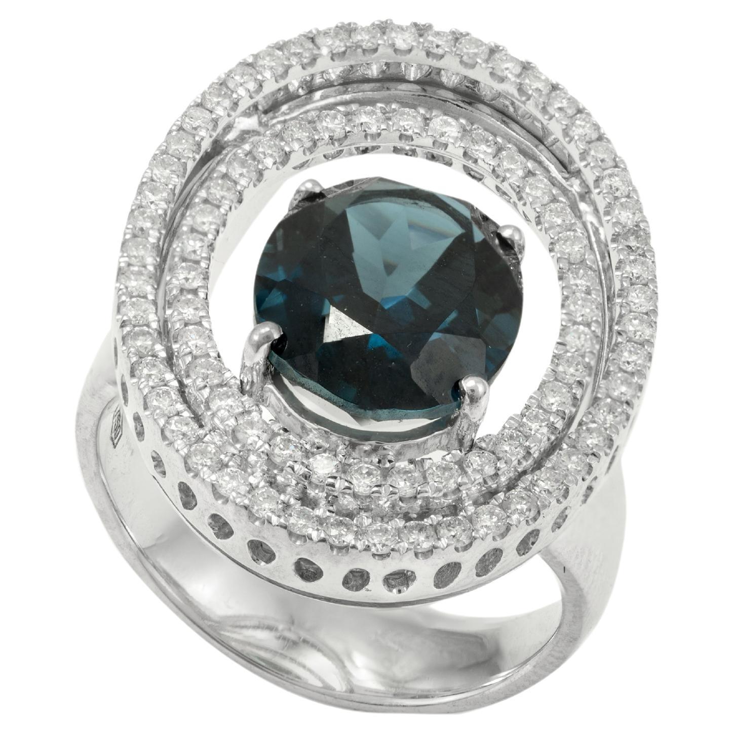 4.98 Carat Blue Topaz and Diamond Halo Ring in 18k Solid White Gold