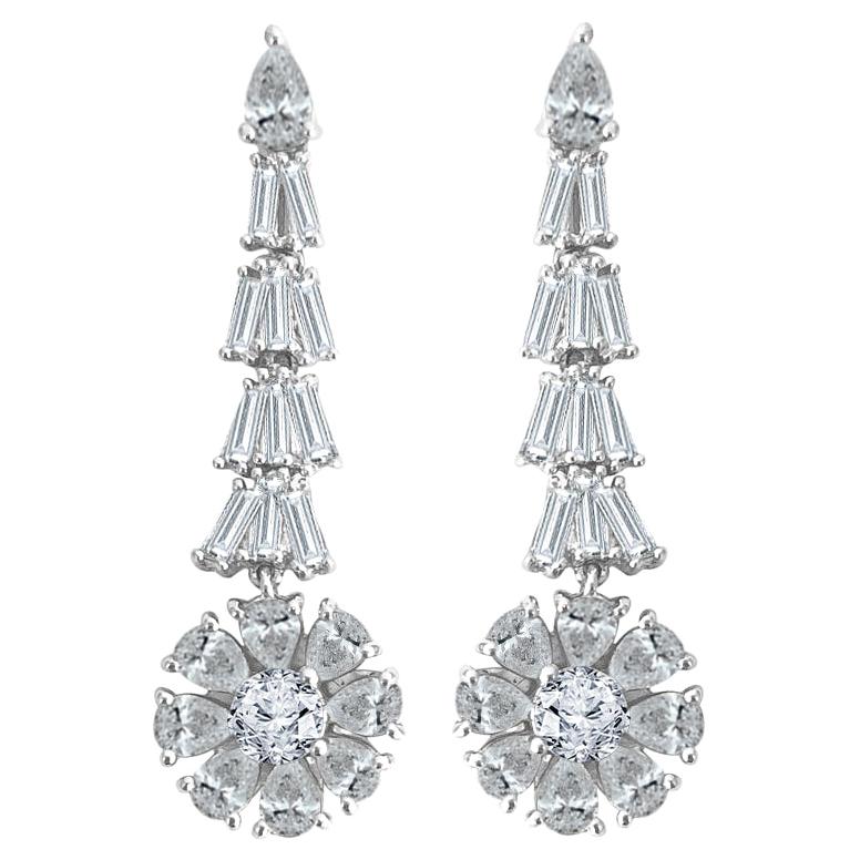 4.98 Carat Mixed Cut Diamond Dangle Stud Flower Earrings in 18W Gold ref503 For Sale