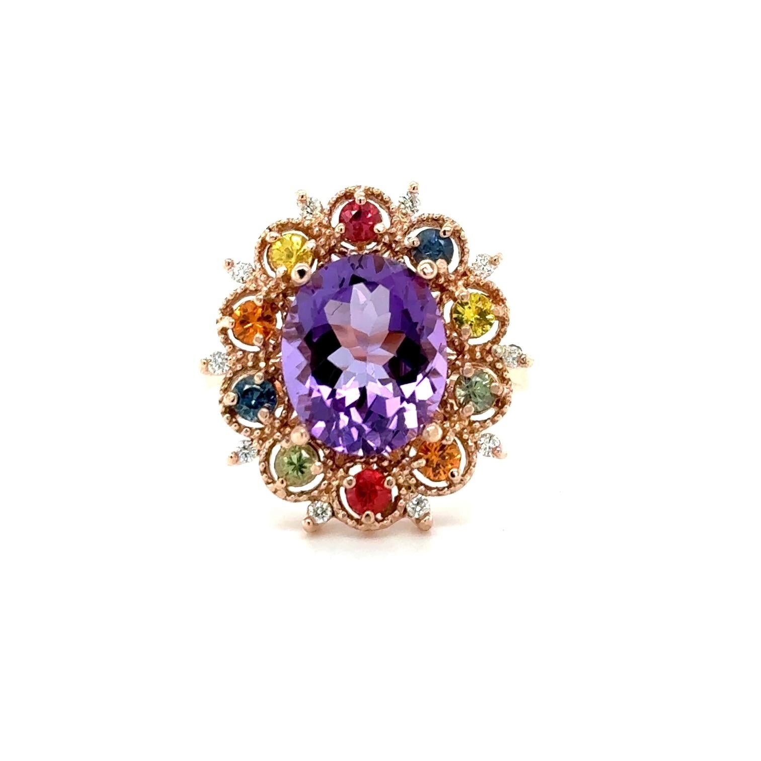 4.98 Carat Oval Cut Amethyst Diamond Sapphire Rose Gold Cocktail Ring

This beautiful vintage inspired setting with a modern colorful theme has an Oval Cut Amethyst weighing 3.93 carats and is surrounded by 10 Round Cut Multi-Colored Sapphires that