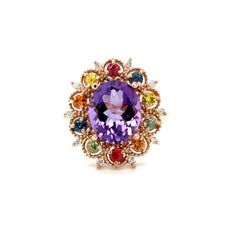 4.98 Carat Oval Cut Amethyst Diamond Sapphire Rose Gold Cocktail Ring