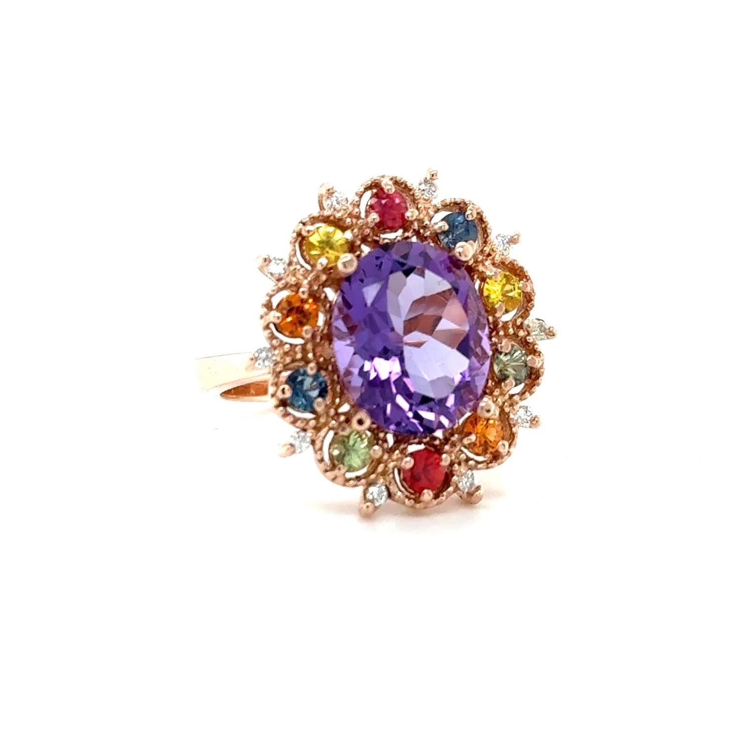 Contemporary 4.98 Carat Oval Cut Amethyst Diamond Sapphire Rose Gold Cocktail Ring For Sale