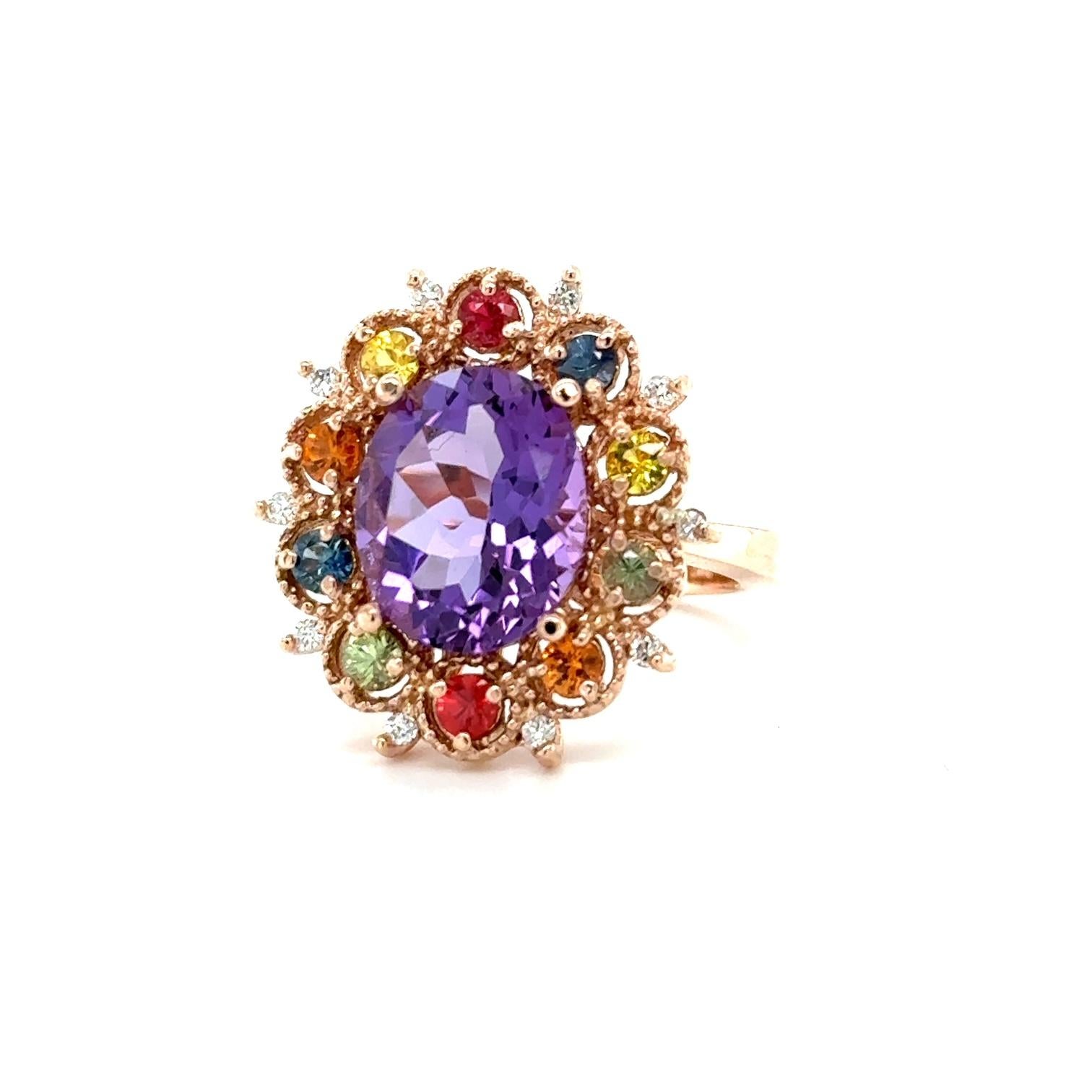 4.98 Carat Oval Cut Amethyst Diamond Sapphire Rose Gold Cocktail Ring In New Condition For Sale In Los Angeles, CA
