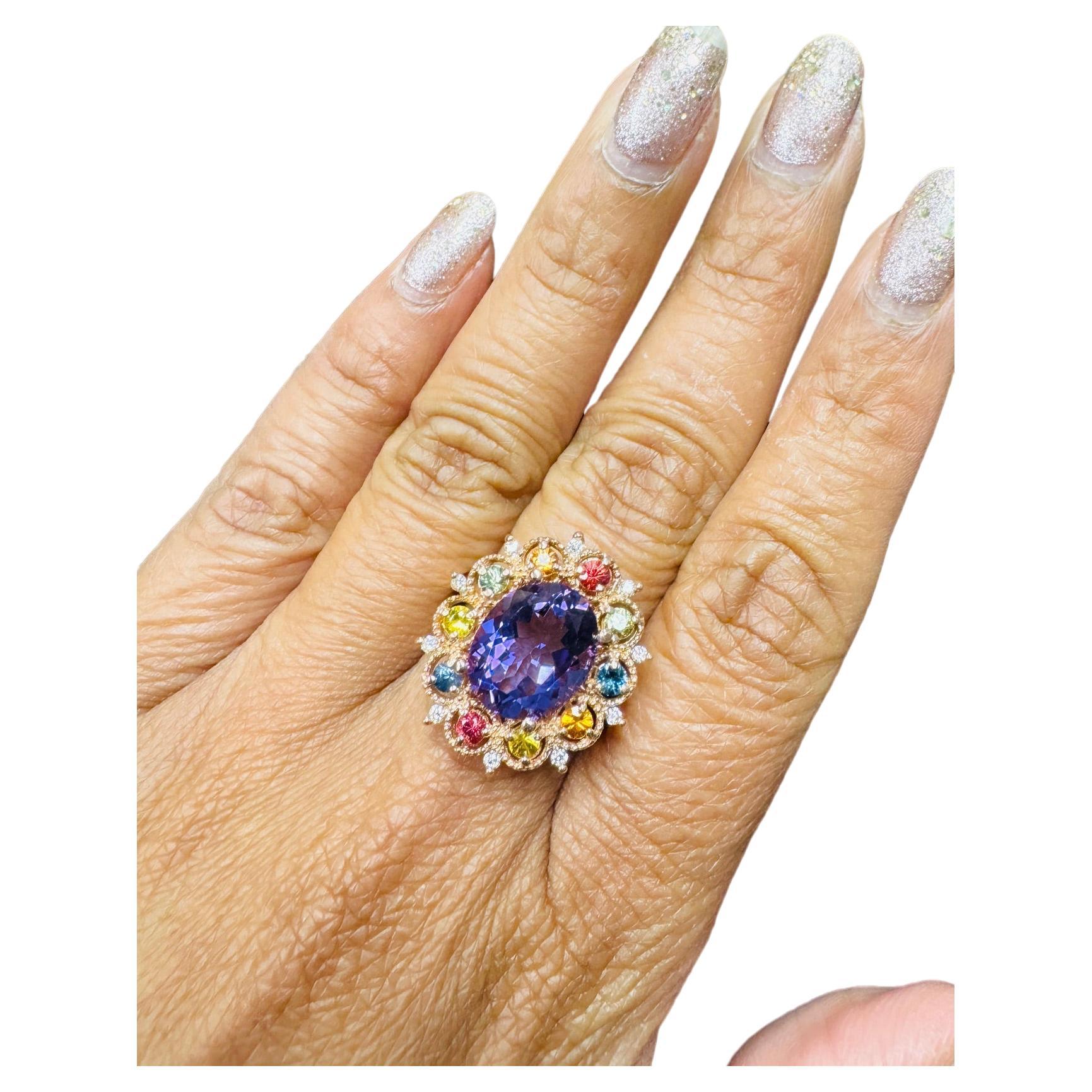 Women's 4.98 Carat Oval Cut Amethyst Diamond Sapphire Rose Gold Cocktail Ring For Sale