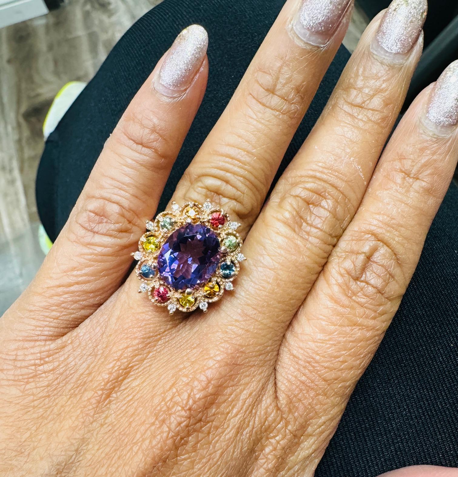 4.98 Carat Oval Cut Amethyst Diamond Sapphire Rose Gold Cocktail Ring For Sale 3