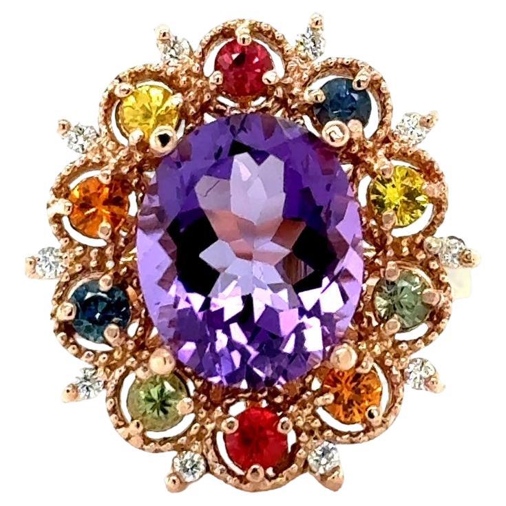 4.98 Carat Oval Cut Amethyst Diamond Sapphire Rose Gold Cocktail Ring For Sale