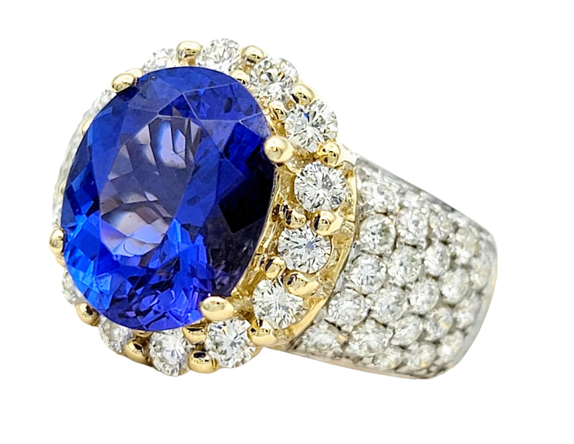 Contemporary 4.98 Carat Total Oval Tanzanite and Diamond Halo Cocktail Ring in 14 Karat Gold For Sale