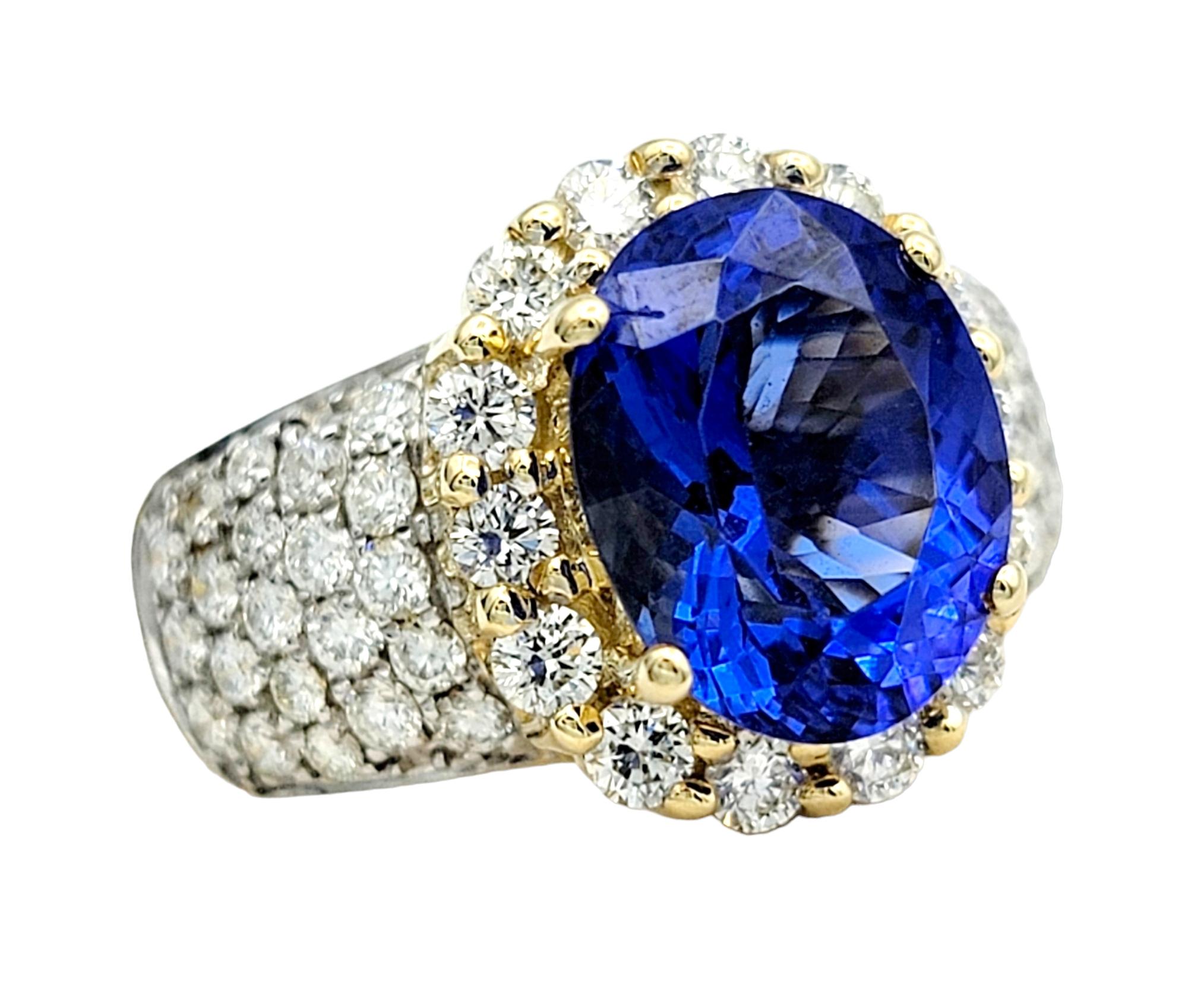 Oval Cut 4.98 Carat Total Oval Tanzanite and Diamond Halo Cocktail Ring in 14 Karat Gold For Sale