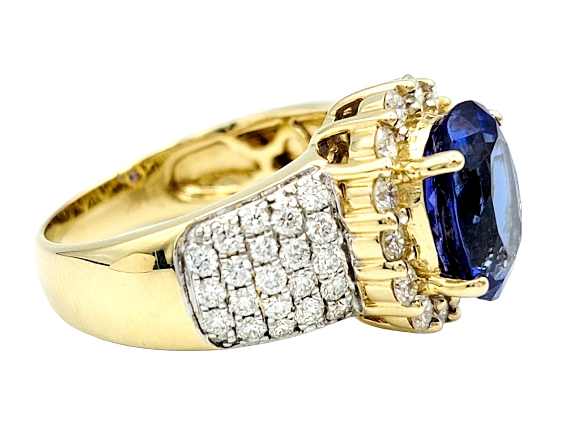 4.98 Carat Total Oval Tanzanite and Diamond Halo Cocktail Ring in 14 Karat Gold In Good Condition For Sale In Scottsdale, AZ
