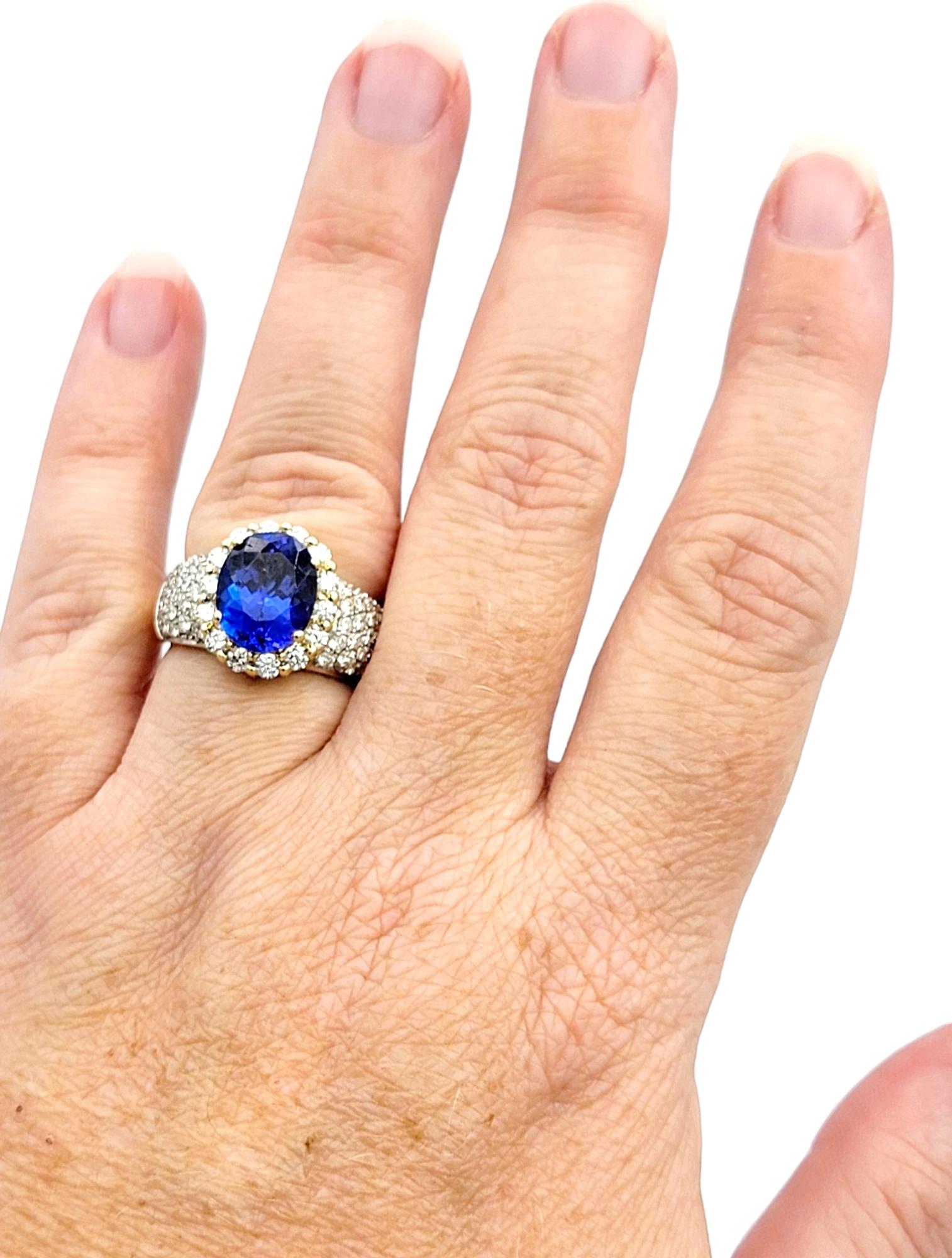 4.98 Carat Total Oval Tanzanite and Diamond Halo Cocktail Ring in 14 Karat Gold For Sale 2