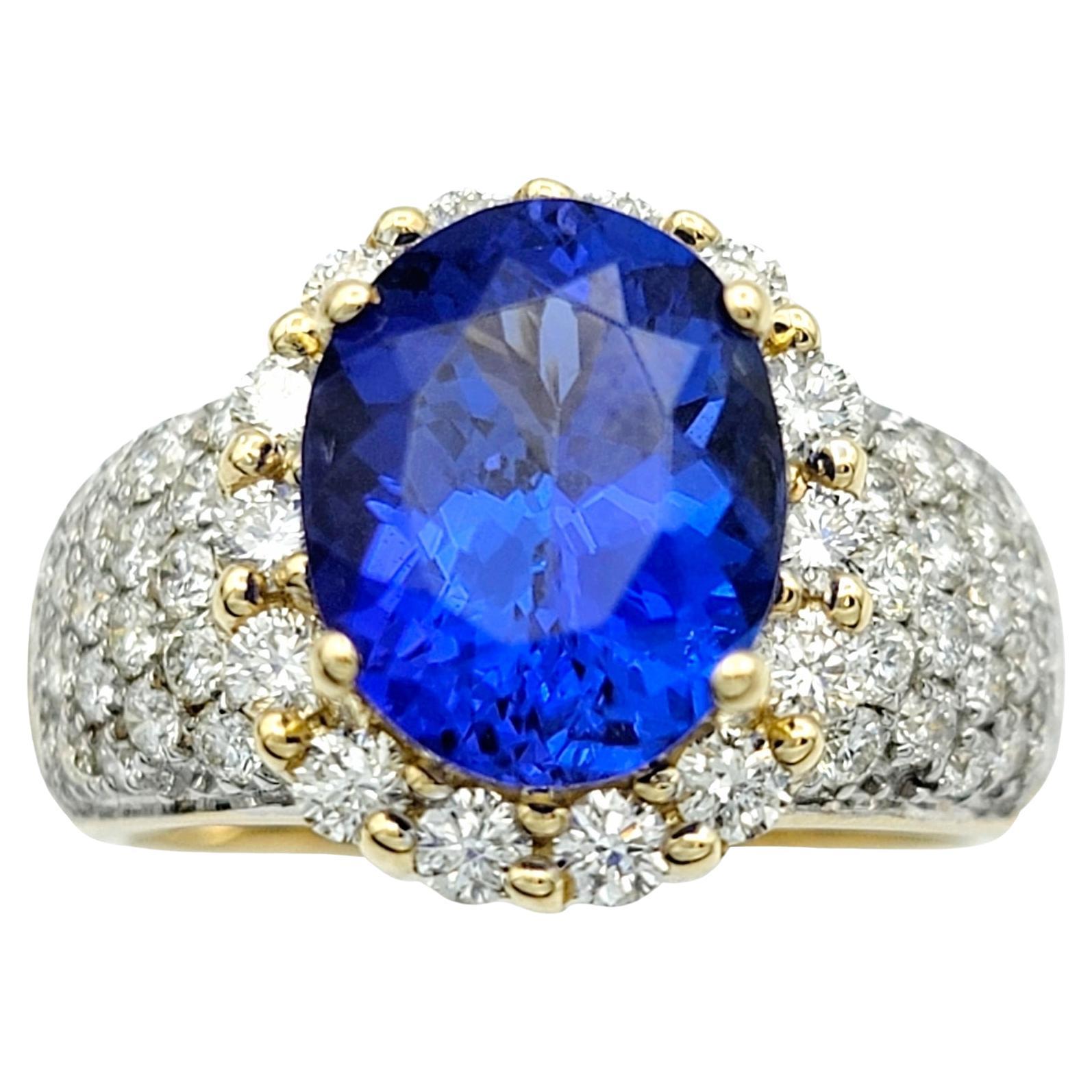 4.98 Carat Total Oval Tanzanite and Diamond Halo Cocktail Ring in 14 Karat Gold For Sale