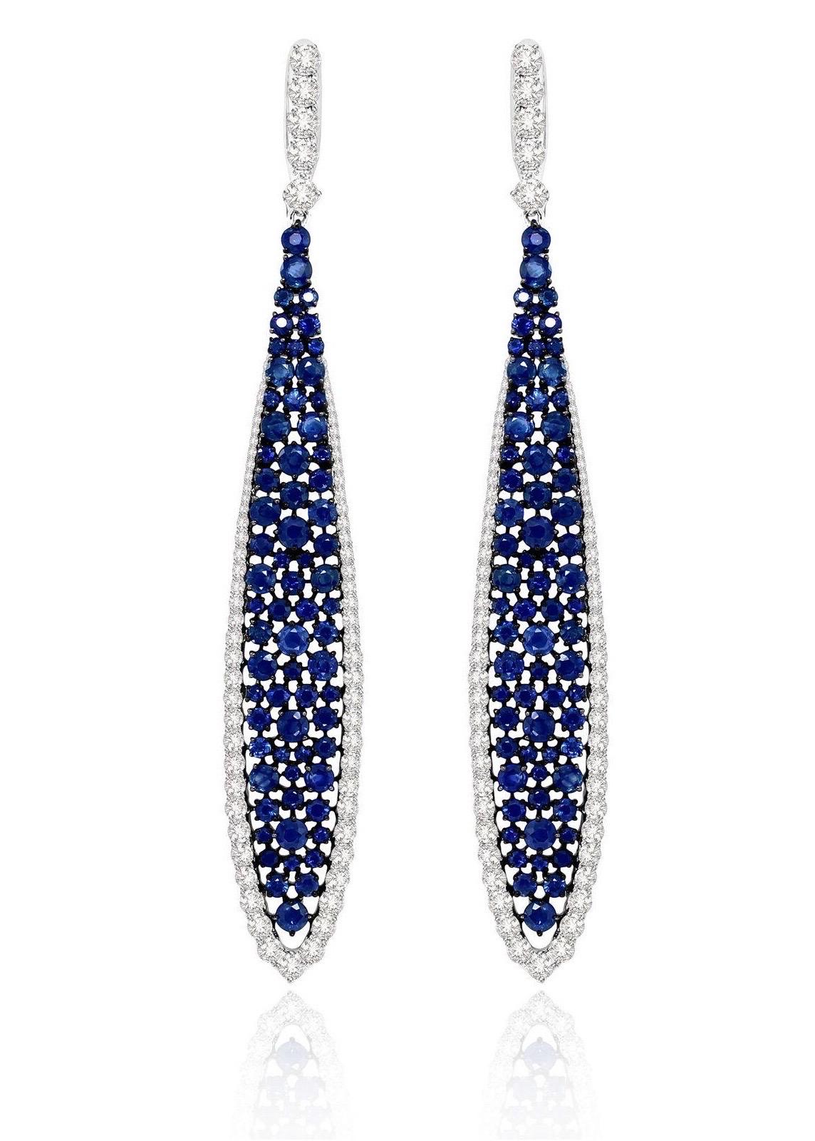 Modern 4.98 Carat Blue Sapphire Diamond 18 Karat White Gold Earrings