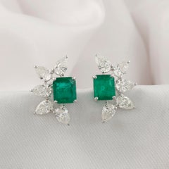 4.98 Ct Natural Diamond 4.20 Ct Zambian Emerald Stud Earrings 18K White Gold