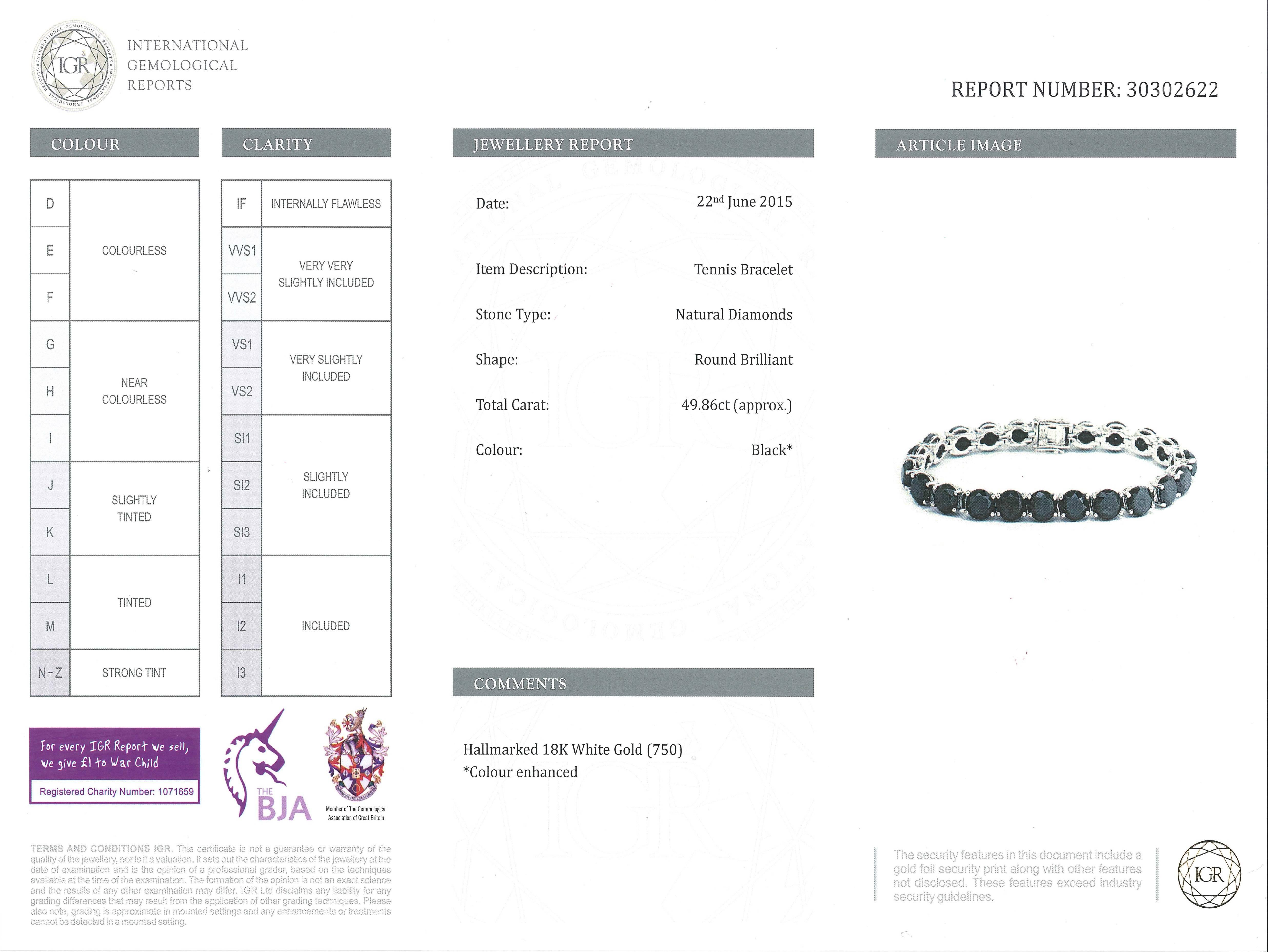 Bespoke 49.86 Carat Black Diamond 18 K White Gold Modern line Tennis Bracelet In New Condition For Sale In London, GB