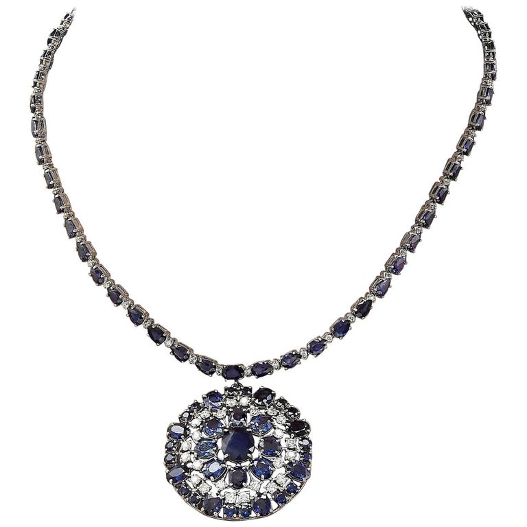 49.88 Carat Sapphire 18 Karat Solid White Gold Diamond Necklace For ...