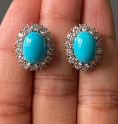 4.99 Carat Cabochon Turquoise and 1.4 Carat Diamond Studs in 18K White Gold