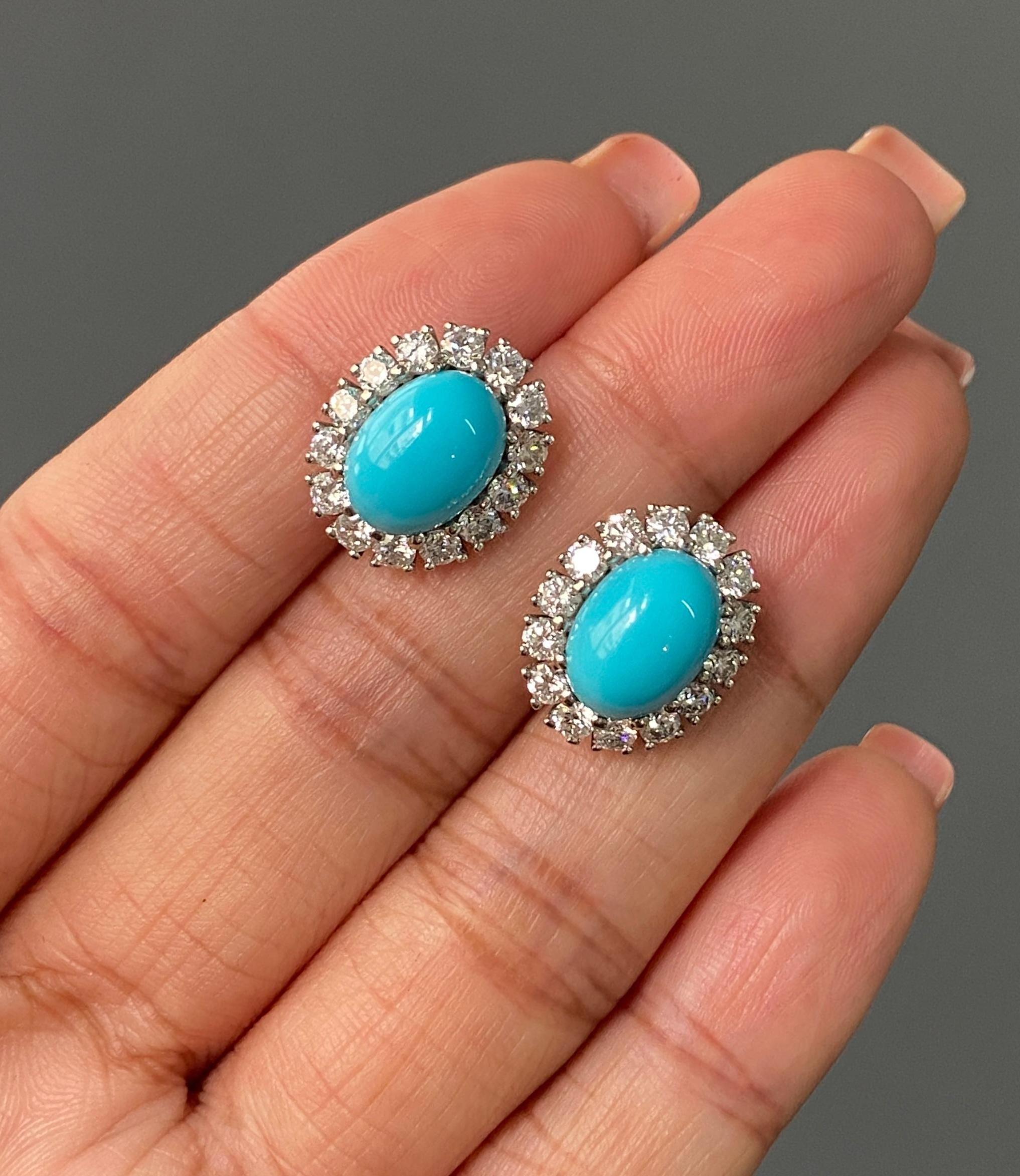Art Déco Borchie con turchese cabochon da 4,99 carati e diamante da 1,4 carati in oro bianco 18 carati in vendita