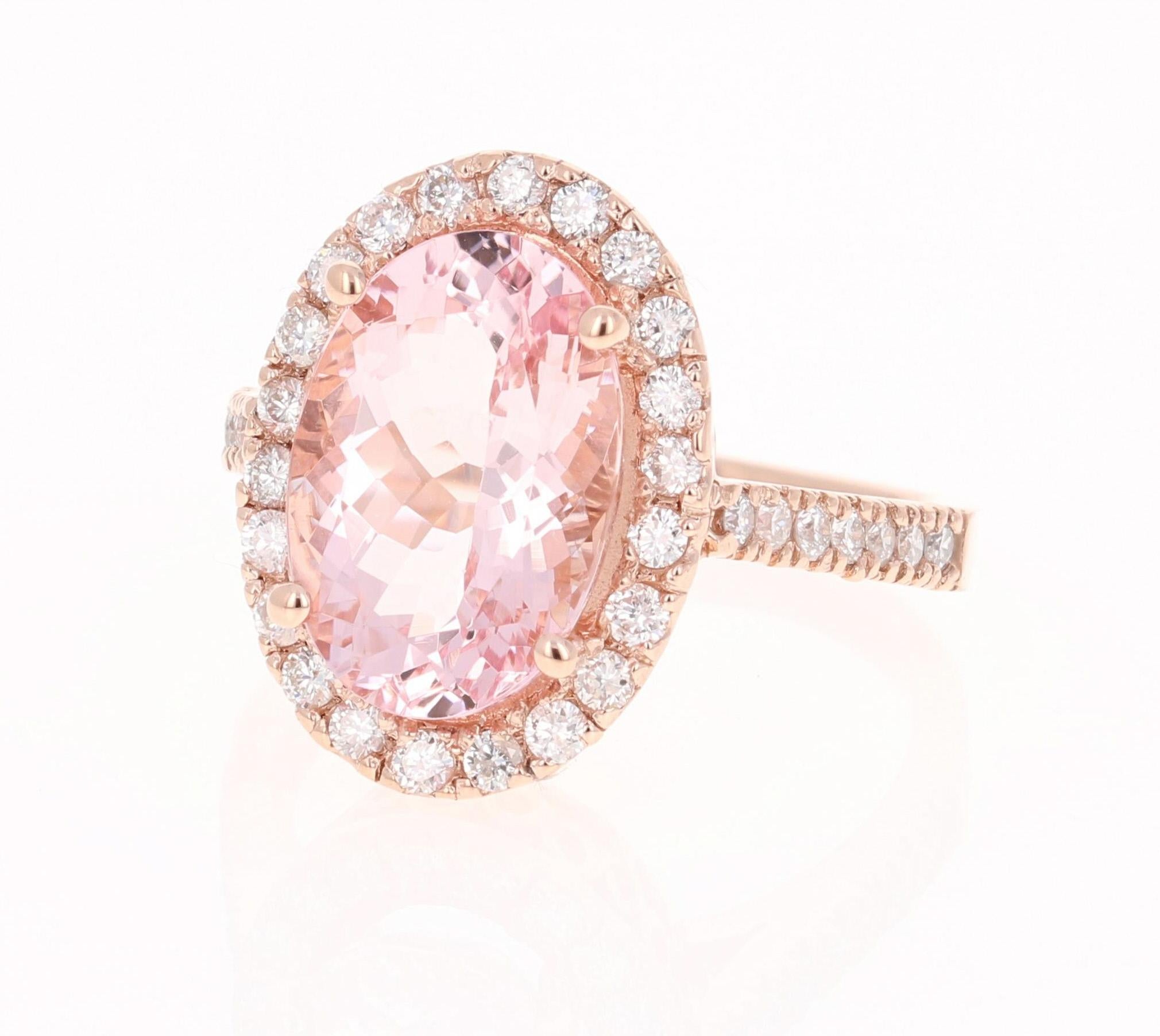 An affordable alternative to a Pink Diamond!

This beautifully and uniquely crafted ring has large Oval Cut Pink Morganite that weighs 4.31 carats as its center stone.  And it is surrounded by a Halo of 36 Round Cut Diamonds that weigh 0.68 carats. 