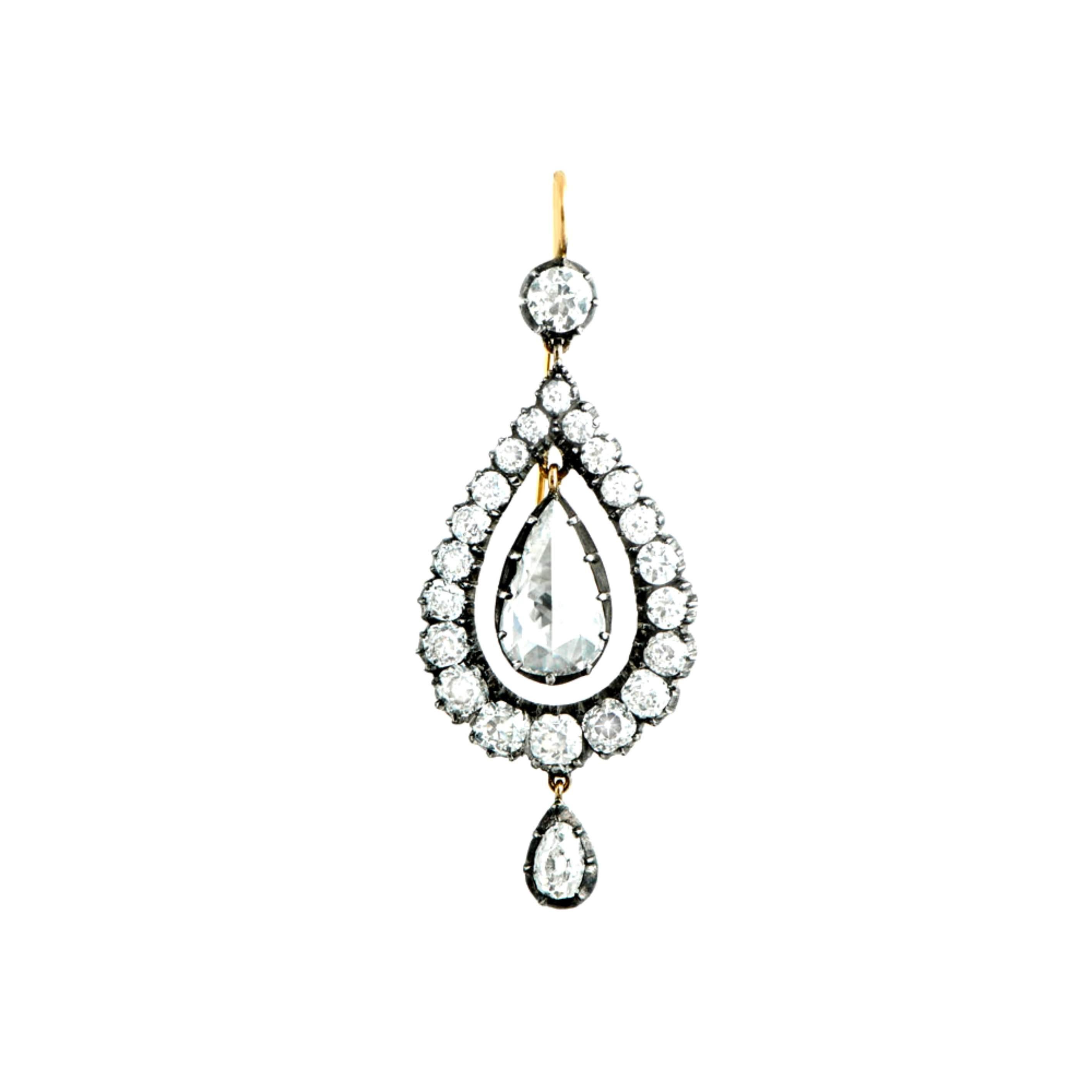 Indulge in the timeless allure of Victorian elegance with these exquisite earrings. Crafted in a silver-on-gold mounting, they boast a captivating display of antique rose-cut diamonds. Each diamond, weighing approximately 4.99 carats, radiates a
