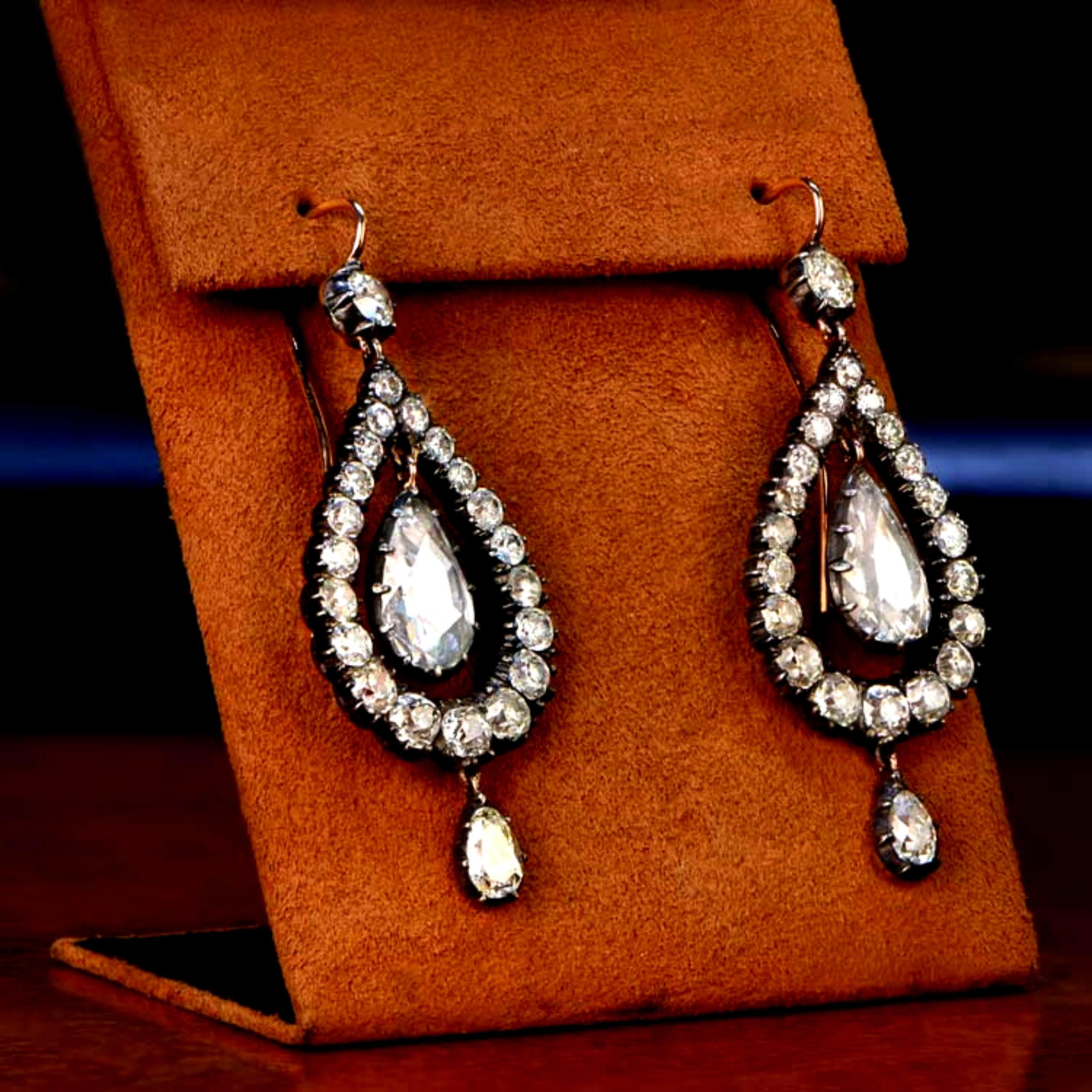 4,99 Karat antike Diamant-Ohrringe im Rosenschliff, I Farbe, Diamant-Halo, Silber & Gold (Viktorianisch) im Angebot