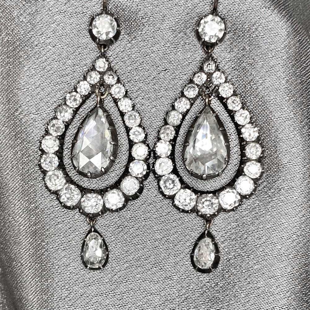 4.99ct Antique Rose Cut Diamond Earrings, I Color, Diamond Halo, Silver & Gold In Excellent Condition For Sale In New York, NY