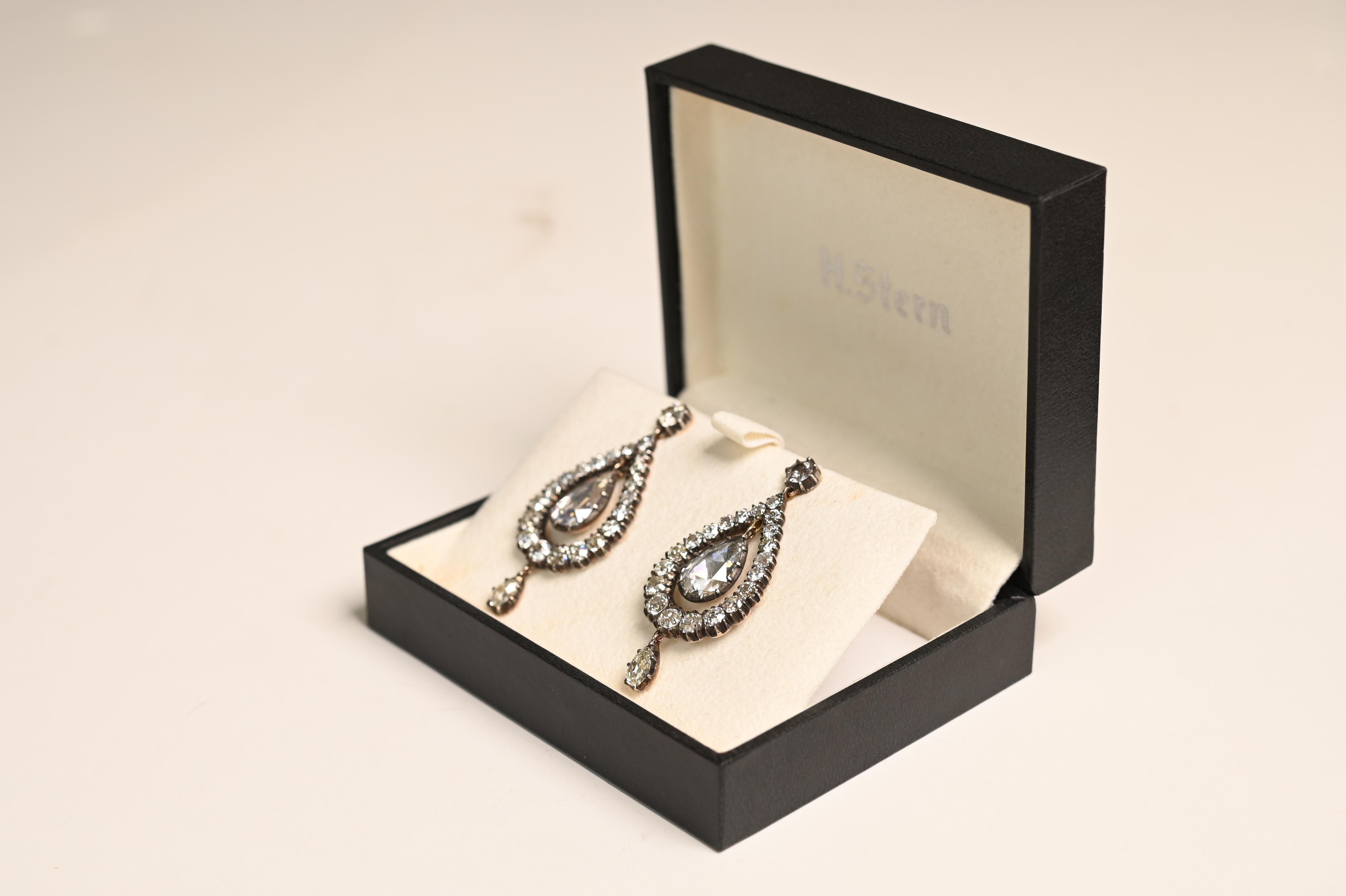 Victorian Antique Rose Cut Diamond (Approx 4.90-Carats) Halo Earrings, Silver & Gold For Sale