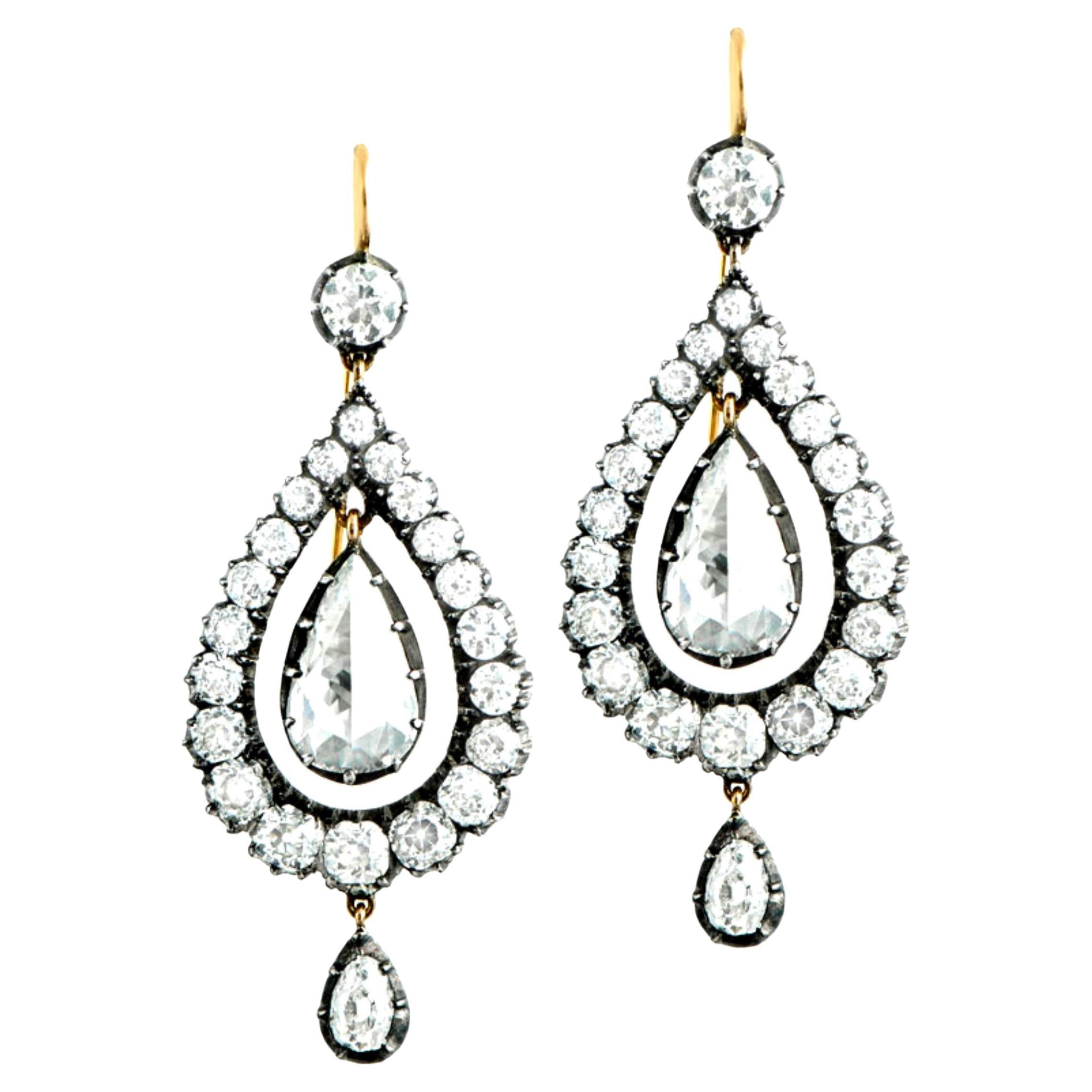 4.99ct Antique Rose Cut Diamond Earrings, I Color, Diamond Halo, Silver & Gold For Sale