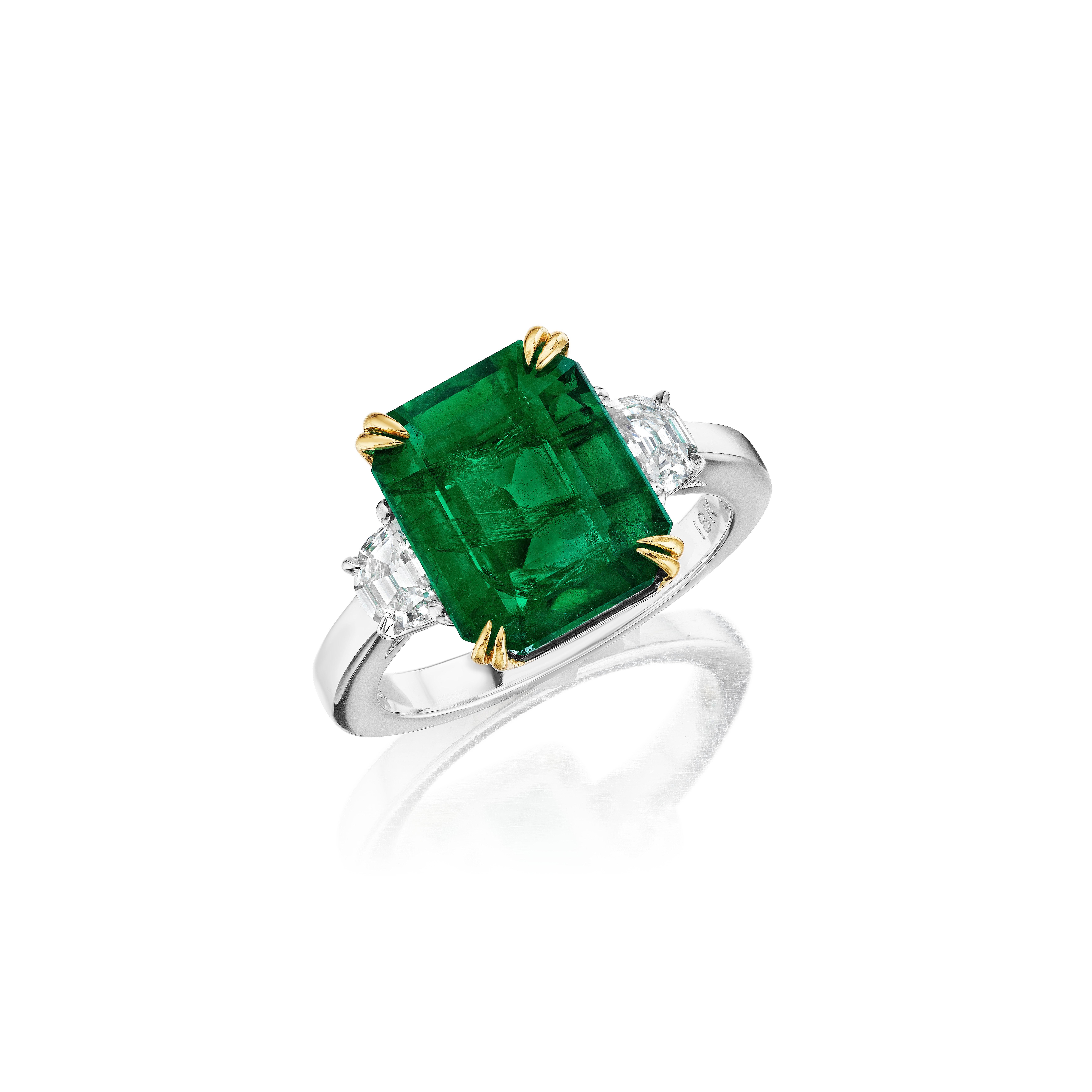 Modern 4.99ct Emerald Cut Zambian Emerald & Halfmoon Diamond Ring For Sale