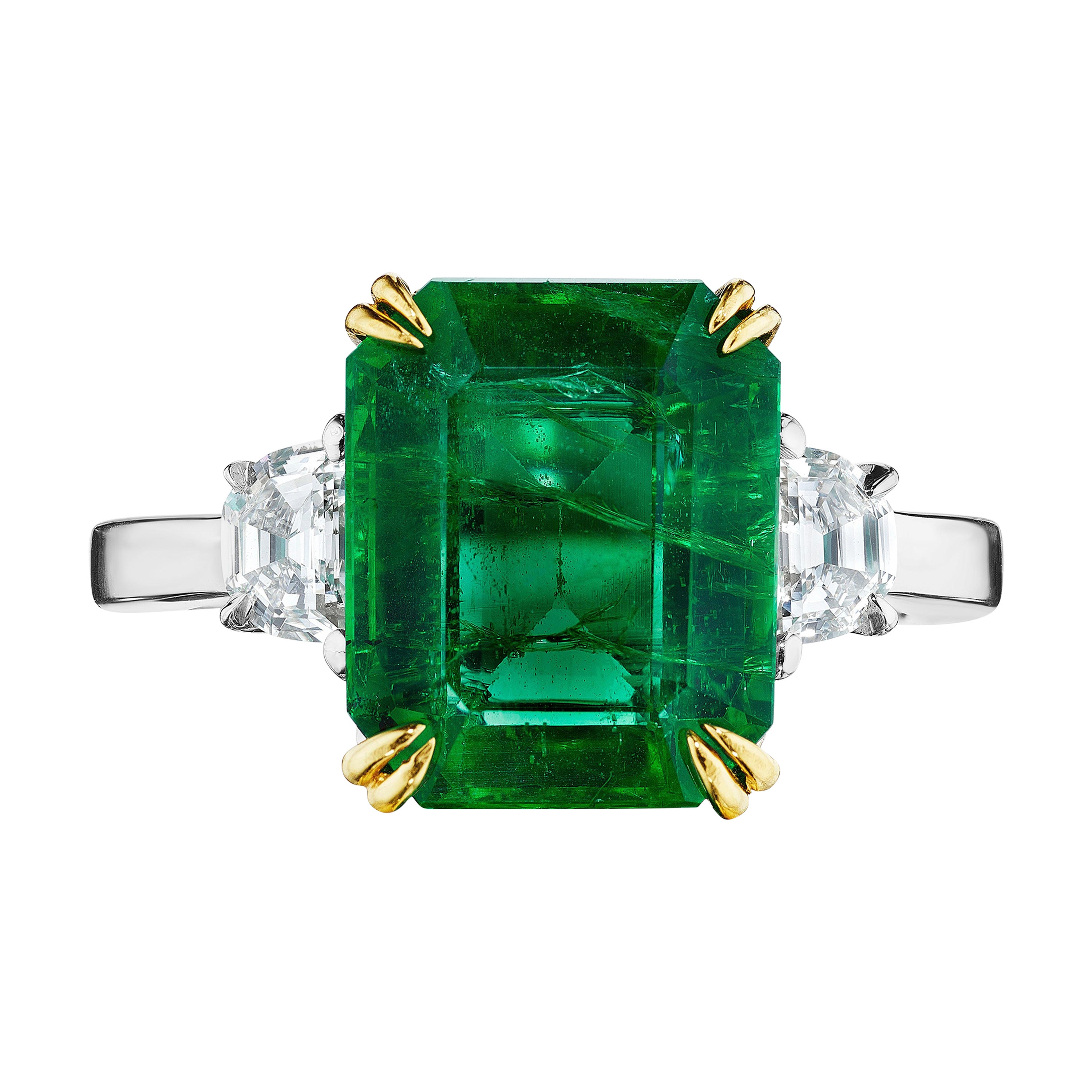 4,99 Karat Smaragdschliff sambischer Smaragd & Halbmond Diamantring im Angebot
