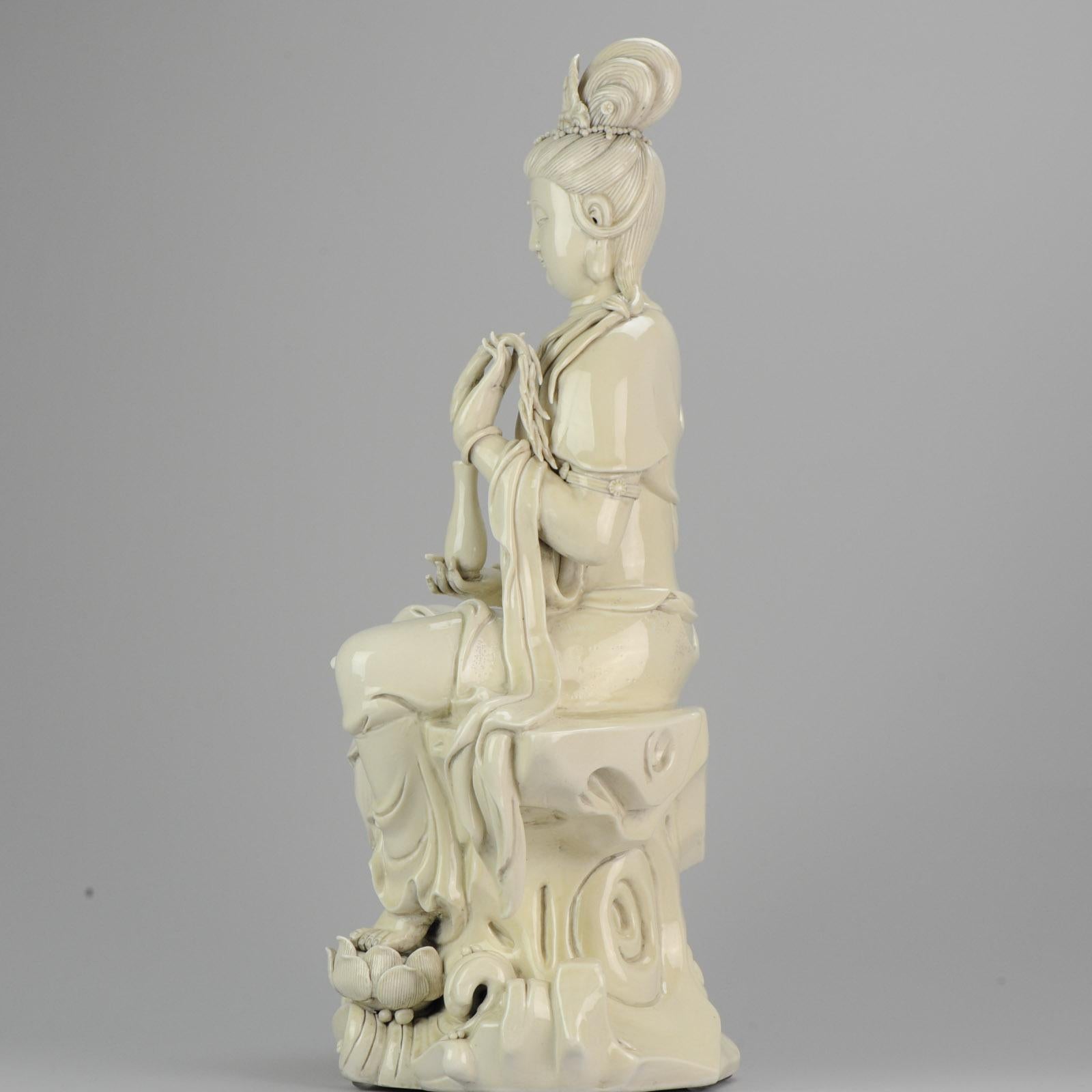 Chinese Large 20th Century Dehua Blanc de Chine Statue Guanyin Marked on Back