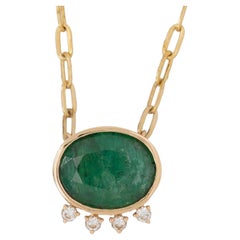 4.9ct Emerald and Diamond Pendant Necklace: Solid 14k Gold with Attached Chain