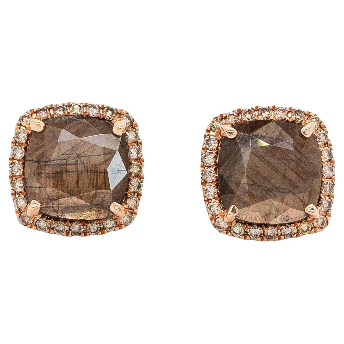 Boucles d
oreilles 4.9ct Golden Sheen Sapphire with Natural Diamonds Halo : Solid 14k Gold