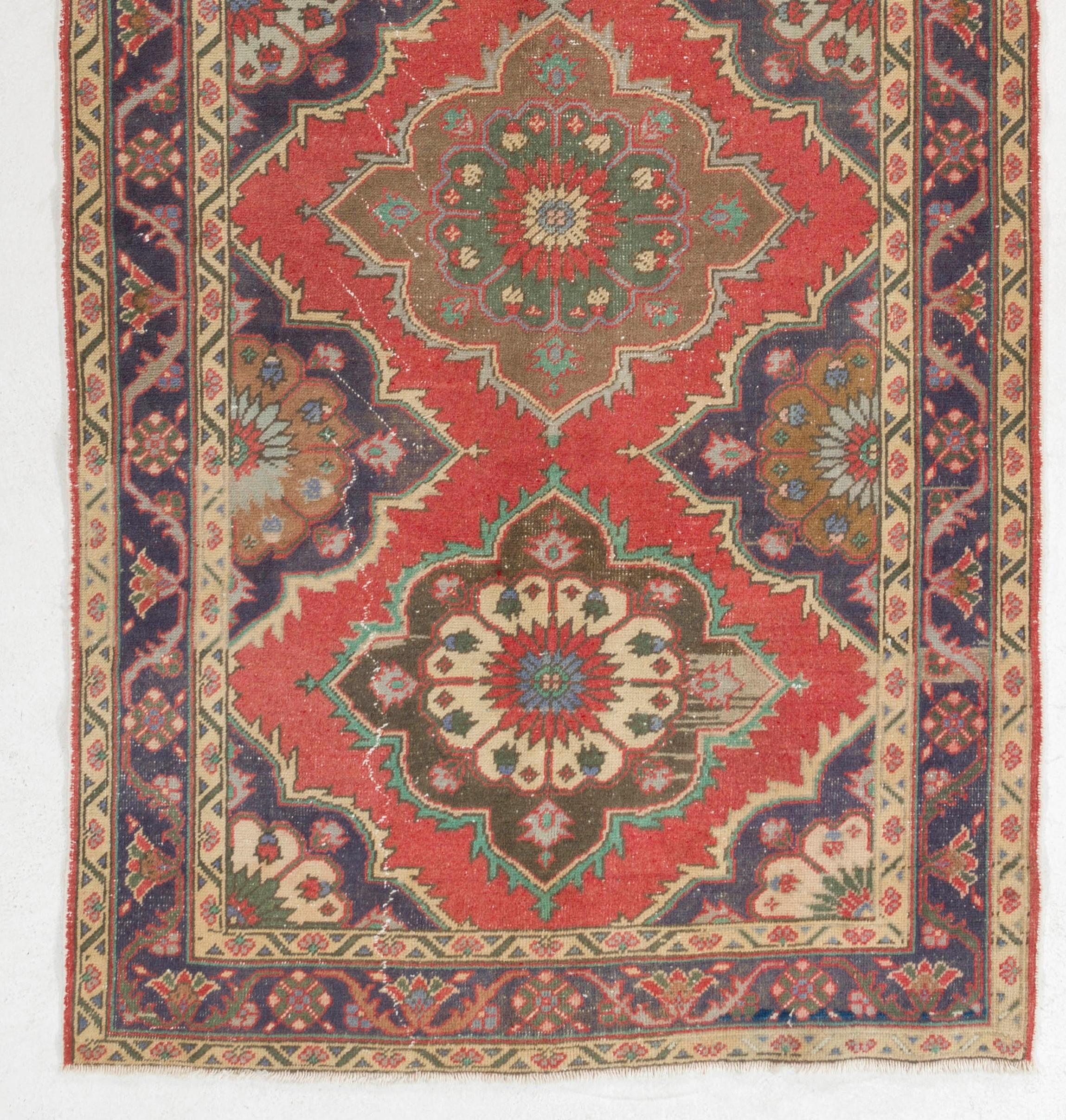 Turkish 5x13 Ft Traditional Handmade Vintage Oushak Wool Runner Rug in Red and Indigo For Sale