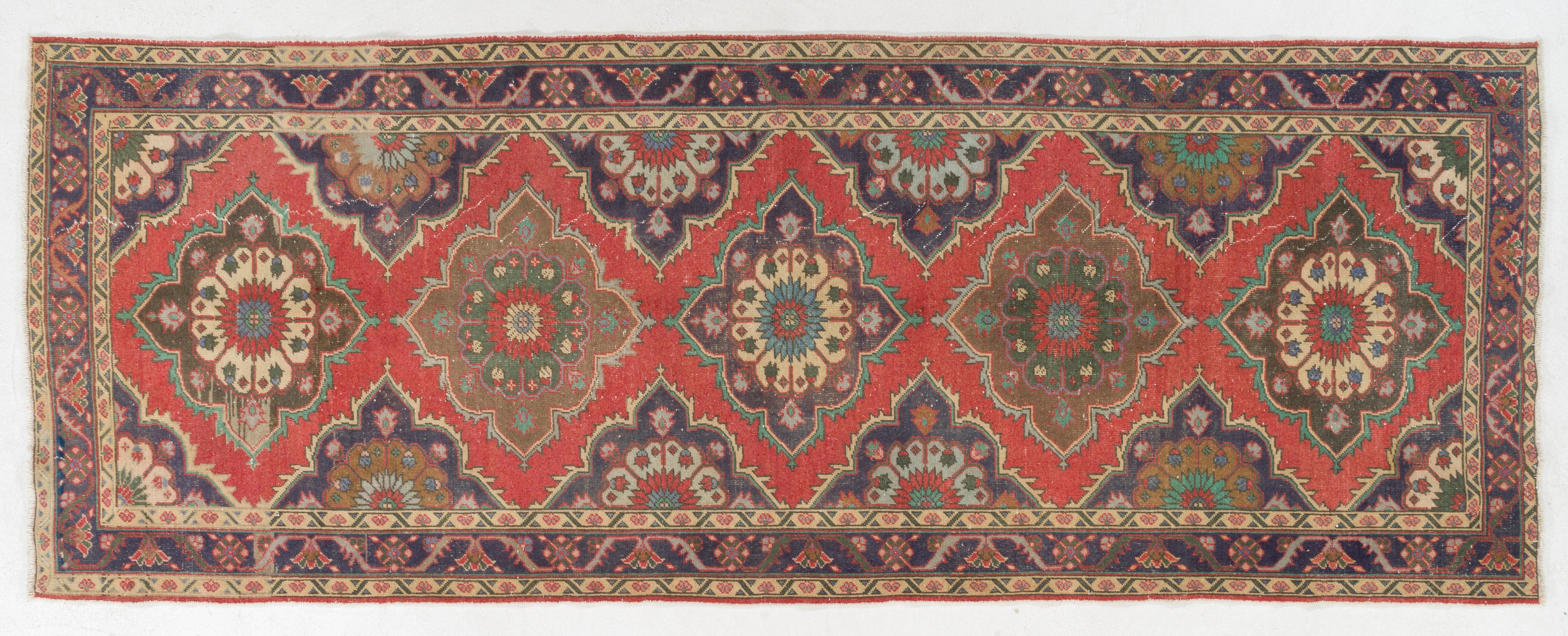 20th Century 5x13 Ft Traditional Handmade Vintage Oushak Wool Runner Rug in Red and Indigo For Sale
