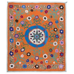 4.9x5.6 ft 100% Cotton Suzani Bedspread, Vintage Hand Embroidered Wall Hanging