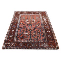 4'9"x6'1" Indian Red, Antique Farsian Heriz, Hand Knotted, Pure Wool, Rug