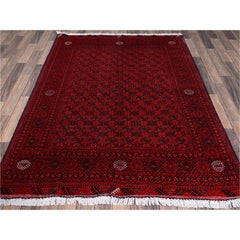 4'9"x6'5" Red Afghan Khamyab with Bokara Design Hand Knotted Wool Oriental Rug