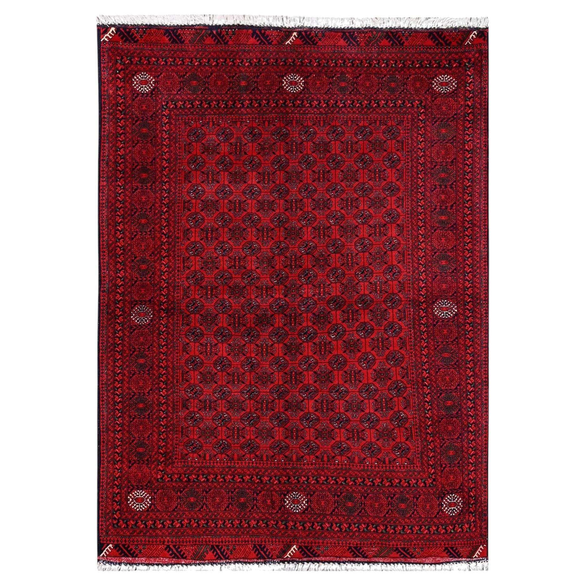 4'9"x6'5" Red Afghan Khamyab with Bokara Design Hand Knotted Wool Oriental Rug