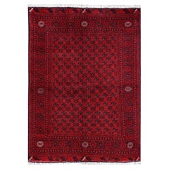 4'9"x6'5" Red Afghan Khamyab with Bokara Design Hand Knotted Wool Oriental Rug