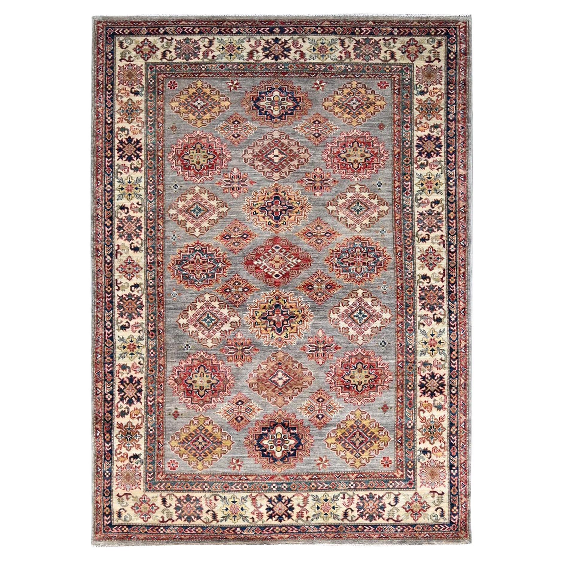 4'9"x6'7" Bunny Gray Afghan Super Kazak Wool Hand Knotted Oriental Square Rug