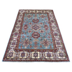 4'9 "x6'7" Misty Gray Afghan Super Kazak Medallions Design Hand Knotted Wool Rug (tapis de laine noué à la main)
