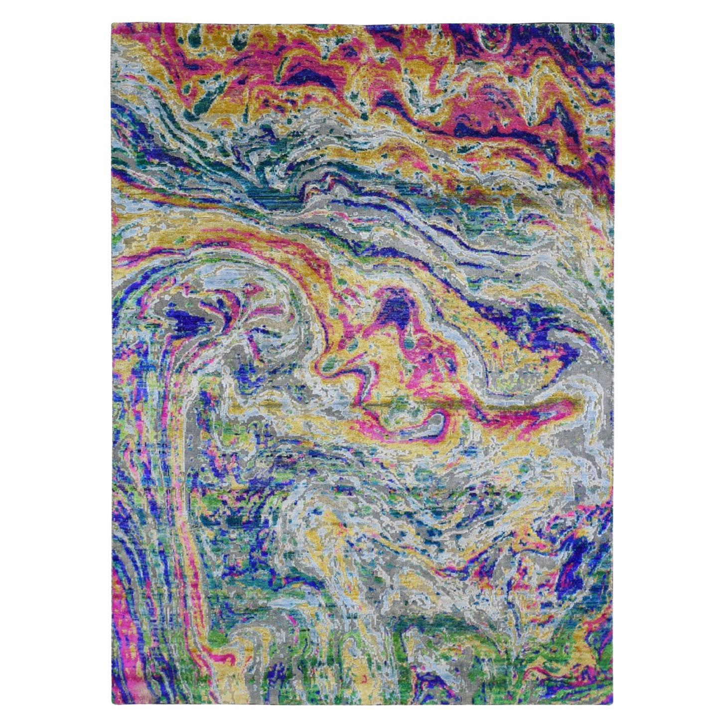 4'9"x6'7" THE LAVA, Colorful Sari Silk With Textured Wool Hand Knotted Rug