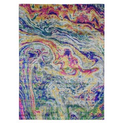4'9"x6'7" THE LAVA, Colorful Sari Silk With Textured Wool Hand Knotted Rug