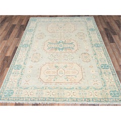 4'9"x6'8" Oyster Gray Cloudbank Kazak with Turkish Knot Hand Knotted Wool Rug