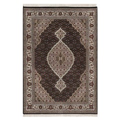 4
9"x6
9" Black Tabriz Mahi with Fish Medallion Design Hand Knotted Wool Rug